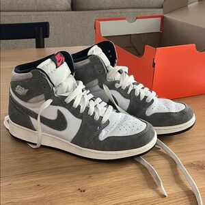 Nike Gray and White High-Top Jordans with Red Accents